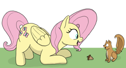 Size: 4443x2416 | Tagged: safe, artist:doodledonutart, imported from derpibooru, fluttershy, pegasus, pony, squirrel, acorn, cute, duo, high res, looking at each other, looking at someone, open mouth, open smile, shyabetes, simple background, smiling, white background