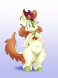 Size: 1200x1600 | Tagged: safe, artist:kushina13, imported from derpibooru, autumn blaze, kirin, semi-anthro, autumn blob, belly, chubby, cloven hooves, fat, female, gradient background, smiling, solo