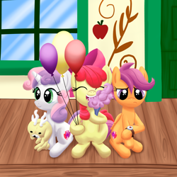 Size: 2000x2000 | Tagged: safe, artist:stellardust, derpibooru exclusive, imported from derpibooru, apple bloom, scootaloo, sweetie belle, earth pony, jackalope, pegasus, pony, unicorn, growing up is hard to do, apple bloom's bow, balloon, bow, cotton candy, cutie mark crusaders, eating, female, filly, foal, hair bow, high res, plushie, sitting, train station, trio, watch, wooden floor, wristwatch