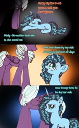 Size: 932x1507 | Tagged: safe, artist:jaanhavi, imported from derpibooru, opaline arcana, alicorn, pony, unicorn, spoiler:g5, backstory, comic, dialogue, duo, english, female, filly, filly misty brightdawn, foal, g5, implied sunny starscout, mare, misty brightdawn, younger