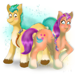 Size: 2280x2204 | Tagged: safe, artist:holy2001, imported from derpibooru, hitch trailblazer, sunny starscout, earth pony, pony, 2022, blushing, female, g5, male, mane stripe sunny, mare, old art, sheriff's badge, shipping, simple background, stallion, straight, sunnyhitch, transparent background