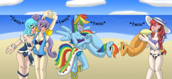 Size: 1314x608 | Tagged: safe, artist:gameboysage, imported from derpibooru, applejack, rainbow dash, anthro, human, pegasus, ><, air nozzle, beach, bikini, blushing, breasts, clothes, commission, cowgirl, crush crush, dress, eyes closed, female, floaty, gala dress, inflating, inner tube, lake (crush crush), lesbian, marybelle (crush crush), one-piece swimsuit, pool toy, puffy cheeks, rainblow dash, red face, sawyer (crush crush), swimsuit, water wings