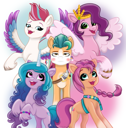 Size: 2661x2706 | Tagged: safe, artist:tuttyfruitart, imported from derpibooru, hitch trailblazer, izzy moonbow, pipp petals, sunny starscout, zipp storm, earth pony, pegasus, pony, unicorn, spoiler:comic, spoiler:my little pony: a new generation, bag, bracelet, braid, clown makeup, diadem, female, fit right in (g5), fluttershy's cutie mark, friendship bracelet, g5, group, hitch trailblazer is not amused, jewelry, makeup, male, mane five (g5), mare, my little pony: a new generation, one of these things is not like the others, quintet, rainbow dash's cutie mark, saddle bag, sash, sheriff's badge, simple background, stallion, twilight sparkle's cutie mark, unamused, unshorn fetlocks, white background