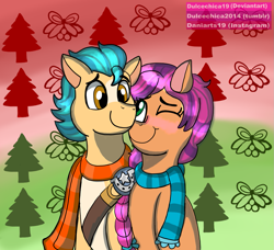 Size: 1299x1187 | Tagged: safe, artist:dulcechica19, imported from derpibooru, hitch trailblazer, sunny starscout, earth pony, pony, 2021, blaze (coat marking), blushing, braid, christmas, christmas tree, clothes, coat markings, duo, duo male and female, facial markings, female, g5, holiday, holly, male, mare, my little pony: a new generation, old art, one eye closed, scarf, sheriff's badge, shipping, snuggling, stallion, straight, striped scarf, sunnyhitch, tree