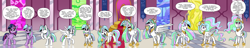 Size: 6456x1232 | Tagged: safe, artist:candyclumsy, imported from derpibooru, princess celestia, twilight sparkle, alicorn, pony, cake, cakelestia, caught, character to character, commission, crown, cutie mark swap, dialogue, ethereal mane, eye color change, eyes closed, female, food, glowing, glowing horn, grin, growth, hair growth, high res, hoof shoes, horn, implied princess celestia, implied princess luna, jewelry, looking back, magic, mare, nervous, nervous grin, open mouth, open smile, palette swap, peytral, pinpoint eyes, recolor, regalia, smiling, solo, speech bubble, spread wings, stumbling, suspiciously specific denial, telekinesis, throne room, transformation, transformation sequence, twilight sparkle (alicorn), twinning, wings