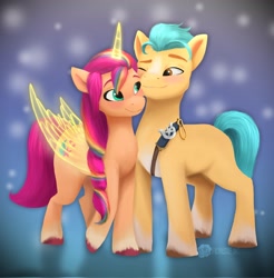 Size: 2014x2048 | Tagged: safe, artist:horsdooz, imported from derpibooru, hitch trailblazer, sunny starscout, alicorn, earth pony, pony, artificial horn, artificial wings, augmented, blushing, female, g5, horn, magic, magic horn, magic wings, male, mane stripe sunny, mare, multicolored hair, my little pony: a new generation, race swap, rainbow hair, sheriff's badge, shipping, snuggling, stallion, straight, sunnycorn, sunnyhitch, wings