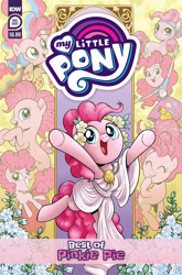 Size: 2063x3131 | Tagged: safe, idw, imported from derpibooru, pinkie pie, crystal pony, earth pony, human, pony, seapony (g4), series:best of my little pony, equestria girls, my little pony: the movie, bow, clothes, comic cover, crystallized, cute, diapinkes, female, filly, filly pinkie pie, flower, grin, hair bow, mare, multeity, my little pony logo, official, official comic, older, older pinkie pie, open mouth, open smile, rainbow power, rainbow power-ified, seaponified, seapony pinkie pie, smiling, species swap, toga, too much pink energy is dangerous, younger
