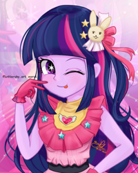 Size: 640x801 | Tagged: safe, artist:fluttershy_art.nurul, imported from derpibooru, twilight sparkle, alicorn, human, equestria girls, ai hoshino, anime, anime style, blushing, clothes, cosplay, costume, cute, fanart, female, idol, looking at you, one eye closed, oshi no ko, pink background, purple eyes, simple background, smiling, smiling at you, solo, tongue out, twiabetes, twilight sparkle (alicorn), wingding eyes, wink