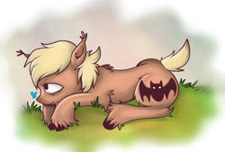 Size: 740x499 | Tagged: safe, artist:frogwires, imported from derpibooru, oc, oc only, oc:forty winks, butterfly, earth pony, pony, ear fluff, fluffy, grass, lying down, prone, solo, unshorn fetlocks
