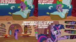 Size: 2000x1125 | Tagged: safe, edit, edited screencap, editor:quoterific, imported from derpibooru, screencap, spike, twilight sparkle, dragon, pony, unicorn, it's about time, season 2, bed, book, bookshelf, female, golden oaks library, grin, implied cerberus, male, mare, messy, messy mane, pillow, smiling, spike's bed, unicorn twilight, yawn