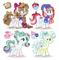 Size: 4950x5000 | Tagged: safe, artist:blazenly-obvious, imported from derpibooru, oc, oc only, oc:apple freeze, oc:peanut jamwich, oc:rainbow threads, oc:sugar hearts, earth pony, pony, unicorn, base used, bow, braid, clothes, coat markings, ear piercing, earring, female, glasses, hair bow, hat, jewelry, magical lesbian spawn, mare, offspring, parent:applejack, parent:bon bon, parent:cheese sandwich, parent:double diamond, parent:lyra heartstrings, parent:pinkie pie, parent:rarity, parent:zephyr breeze, parents:applediamond, parents:cheesepie, parents:lyrabon, parents:raribreeze, piercing, round glasses, scarf, simple background, socks (coat markings), striped scarf, transparent background, unshorn fetlocks