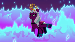 Size: 1280x720 | Tagged: safe, imported from derpibooru, screencap, opaline arcana, alicorn, pony, spoiler:g5, spoiler:my little pony: tell your tale, spoiler:tyts01e50, :<, colored wings, crown, displeased, eyeshadow, female, fire, frown, g5, hoof heart, jewelry, looking at you, makeup, mare, multicolored wings, my little pony: tell your tale, opaline (song), opaline alone, opaline arcana is not amused, raised hoof, regalia, unamused, underhoof, wings