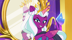 Size: 1280x720 | Tagged: safe, imported from derpibooru, screencap, opaline arcana, alicorn, pony, spoiler:g5, spoiler:my little pony: tell your tale, spoiler:tyts01e50, crown, evil grin, eyeshadow, female, g5, grin, jewelry, looking at you, makeup, mare, mirror, my little pony: tell your tale, opaline alone, regalia, smiling, smiling at you, solo