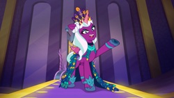 Size: 1280x720 | Tagged: safe, imported from derpibooru, screencap, opaline arcana, alicorn, pony, spoiler:g5, spoiler:my little pony: tell your tale, spoiler:tyts01e50, beautiful, catwalk, clothes, crown, dress, elegant, feather, female, g5, hoof heart, jewelry, mare, my little pony: tell your tale, opaline (song), opaline alone, open mouth, open smile, raised hoof, regalia, singing, smiling, style, stylish, underhoof