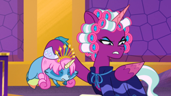 Size: 1280x720 | Tagged: safe, imported from derpibooru, screencap, opaline arcana, alicorn, pony, raccoon, spoiler:g5, spoiler:my little pony: tell your tale, spoiler:tyts01e50, annoyed, clothes, crown, duo, eyes closed, eyeshadow, female, g5, gritted teeth, hair curlers, hoof hold, hoof polish, jewelry, makeup, mare, my little pony: tell your tale, opaline alone, opaline arcana is not amused, raccoonicorn, regalia, robe, teeth, unamused, wig