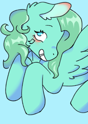 Size: 2480x3508 | Tagged: safe, artist:socklout, imported from derpibooru, medley, pegasus, pony, blue background, cute, cyan background, female, g1, g1 to g4, g4, generation leap, mare, medleybetes, simple background, smiling, solo