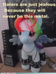 Size: 500x666 | Tagged: safe, imported from derpibooru, rainbow dash, pegasus, pony, amplifier, chains, heavy metal, metal, metalhead, photo, plushie, solo, spiked wristband, text, wristband