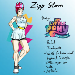 Size: 1080x1080 | Tagged: safe, artist:jackudoggy, imported from derpibooru, zipp storm, human, breasts, busty zipp storm, clothes, female, g5, gradient background, greek clothes, headcanon, humanized, muscles, muscular female, my little pony: a new generation, pale skin, ripped zipp, solo