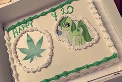 Size: 988x666 | Tagged: safe, editor:torpy, imported from derpibooru, oc, oc:stoney poney, pony, 420, 420 blaze it, cake, dq, drugs, edited photo, english, food, frosting, holiday, irl, marijuana, photo, photoshop, red eyes, smoking, text