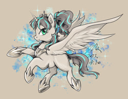 Size: 2296x1770 | Tagged: safe, artist:thurder2020, imported from derpibooru, princess flurry heart, alicorn, pony, blank flank, crown, female, flying, hoof shoes, jewelry, limited palette, mare, older, older flurry heart, ponytail, regalia