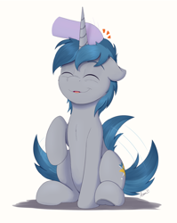 Size: 1588x1993 | Tagged: safe, artist:arcane-thunder, imported from derpibooru, oc, oc only, oc:arcane thunder, pony, unicorn, cute, disembodied hoof, eyes closed, fangs, happy, head pat, horn, male, motion lines, pat, petting, simple background, sitting, smiling, stallion, tail, tail wag, unicorn oc, white background