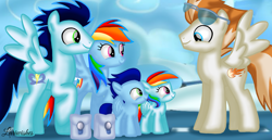 Size: 1980x1020 | Tagged: safe, artist:mlplary6, imported from derpibooru, fire streak, rainbow dash, soarin', oc, oc:blue skies, oc:speedy dash, pegasus, pony, bag, colt, female, filly, flight camp, foal, friends, glasses, looking at each other, looking at someone, male, mare, offspring, parent:rainbow dash, parent:soarin', parents:soarindash, shipping, siblings, smiling, smiling at each other, soarindash, stallion, straight, twins