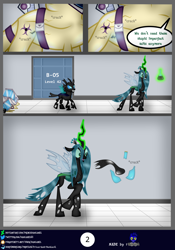 Size: 2560x3654 | Tagged: safe, artist:damlanil, imported from derpibooru, queen chrysalis, changeling, goo, comic:new conversion strategy, breaking, clothes, comic, commission, damlanil's lab, door, duo, female, flask, gloves, happy, hazmat suit, helmet, horn, laboratory, latex, latex gloves, latex suit, levitation, living latex, magic, male, rubber, shiny, shoes, show accurate, smiling, speech bubble, suit, telekinesis, text, torn clothes, vector, walking, wings