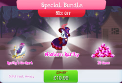 Size: 1265x860 | Tagged: safe, imported from derpibooru, rarity, pony, unicorn, bundle, clothes, costs real money, dress, english, feather, female, gameloft, gem, hat, horn, kart, mare, mobile game, my little pony: magic princess, numbers, official, sale, solo, text