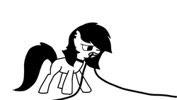 Size: 1071x606 | Tagged: safe, artist:bright skie, imported from derpibooru, oc, oc only, oc:bright skie, earth pony, pony, accessory, angry, biting, black hair, black mane, collar, digital art, ear piercing, earring, earth pony oc, electrical wires, female, jewelry, mare, pierced ears, piercing, scowl, simple background, solo, standing, white background, white fur, wires