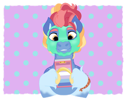 Size: 1280x1024 | Tagged: safe, artist:itstechtock, imported from derpibooru, oc, oc:sunrise starshine, pony, female, magical lesbian spawn, mare, mud mask, offspring, parent:izzy moonbow, parent:sunny starscout, parents:izzyscout, solo