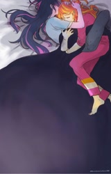 Size: 1242x1944 | Tagged: safe, artist:hiru3152, imported from derpibooru, sci-twi, sunset shimmer, twilight sparkle, human, equestria girls, barefoot, bed, clothes, feet, female, lesbian, pajamas, scitwishimmer, shipping, sleeping, snuggling, sunsetsparkle