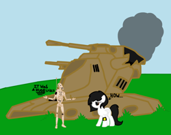 Size: 1120x887 | Tagged: safe, artist:bright skie, imported from derpibooru, oc, oc:bright skie, pegasus, pony, robot, angry, armband, battle droid, black hair, black mane, crossover, digital art, disappointed, droid, duo, female, folded wings, grass, mare, pegasus oc, scowl, sky, smoke, standing, star wars, talking, tank (vehicle), text, white fur, wings
