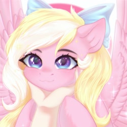 Size: 2100x2100 | Tagged: safe, artist:kawi_pie, imported from derpibooru, oc, oc only, oc:bay breeze, pegasus, blushing, bow, cute, female, hair bow, hand, mare, ocbetes, pegasus oc, simple background, spread wings, wings