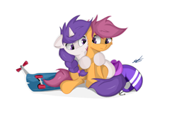 Size: 2872x1880 | Tagged: safe, artist:groomlake, imported from derpibooru, scootaloo, oc, oc:snowie aura, pegasus, pony, unicorn, bow, comforting, crying, female, filly, foal, helmet, hug, injured, simple background, tail, tail bow, white background