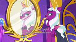 Size: 3072x1727 | Tagged: safe, imported from derpibooru, screencap, opaline arcana, alicorn, pony, spoiler:g5, spoiler:my little pony: tell your tale, spoiler:tyts01e50, female, g5, grin, indonesian, mare, mirror, my little pony: tell your tale, opaline (song), opaline alone, smiling, solo, subtitles