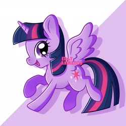 Size: 2700x2700 | Tagged: safe, artist:edgyanimator, derpibooru exclusive, imported from derpibooru, part of a set, twilight sparkle, alicorn, pony, alicorn wings, bangs, blue hair, blue mane, blue tail, cel shading, chibi, colored, colored lineart, cute pony, digital art, drop shadow, eyelashes, female, firealpaca, full body, happy, horn, looking sideways, looking to the right, mare, multicolored hair, multicolored mane, multicolored tail, open mouth, open smile, profile, purple background, purple coat, purple eyes, purple fur, quadrupedal, raised hoof, raised hooves, shading, signature, simple background, simple shading, smiling, solo, spread wings, straight hair, straight mane, tail, twilight sparkle (alicorn), wings