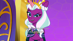 Size: 3072x1727 | Tagged: safe, imported from derpibooru, screencap, opaline arcana, alicorn, pony, spoiler:g5, spoiler:my little pony: tell your tale, spoiler:tyts01e50, eyebrows, female, g5, indonesian, mare, my little pony: tell your tale, opaline (song), opaline alone, open mouth, open smile, raised eyebrow, smiling, solo, subtitles