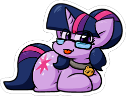 Size: 970x741 | Tagged: safe, artist:zutcha, imported from derpibooru, sci-twi, twilight sparkle, pony, unicorn, equestria girls, :p, collar, equestria girls ponified, eye clipping through hair, female, glasses, looking at you, lying down, mare, outline, pet tag, pettwi, pony pet, ponyloaf, prone, sci-twiabetes, simple background, solo, tongue out, transparent background, unicorn sci-twi