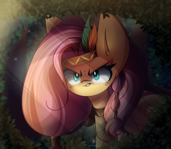 Size: 2300x2000 | Tagged: safe, artist:miryelis, imported from derpibooru, fluttershy, pegasus, pony, big ears, feather, forest, hairpin, headband, leaves, long hair, makeup, pigtails, solo, standing, stare