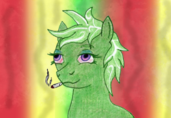 Size: 961x666 | Tagged: safe, artist:assertiveshypony, imported from derpibooru, oc, oc only, oc:stoney poney, earth pony, pony, 420, abstract background, as high as kite, drugs, earth pony oc, high, joint, marijuana, red eyes, solo, stoned