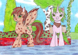 Size: 2246x1574 | Tagged: safe, artist:assertiveshypony, imported from derpibooru, pick-a-lily, oc, oc:dusty sandwind, earth pony, pegasus, pony, birch tree, brick, brick wall, clothes, cloud, cypress tree, flower, flower in hair, garden, looking at you, pegasus oc, rose, scarf, traditional art, tree