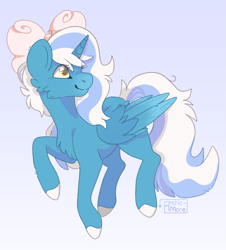 Size: 1789x1978 | Tagged: safe, artist:arctic-more, imported from derpibooru, oc, oc only, oc:fleurbelle, alicorn, pony, alicorn oc, bow, chest fluff, cute, female, flying, gift art, gradient background, hair bow, horn, mare, smiling, solo, wings, yellow eyes