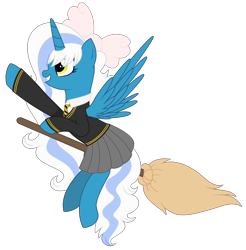 Size: 2863x2911 | Tagged: safe, artist:cindystarlight, imported from derpibooru, oc, oc only, oc:fleurbelle, alicorn, pony, alicorn oc, bow, broom, clothes, female, hair bow, horn, mare, school uniform, simple background, solo, transparent background, wings, yellow eyes