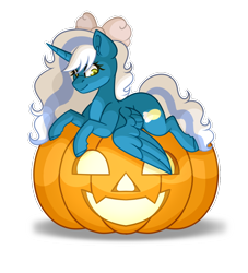 Size: 1000x1100 | Tagged: safe, artist:blacklight-fox, imported from derpibooru, oc, oc only, oc:fleurbelle, alicorn, pony, alicorn oc, bow, female, hair bow, horn, mare, pumpkin, simple background, sitting, smiling, solo, transparent background, wings, yellow eyes