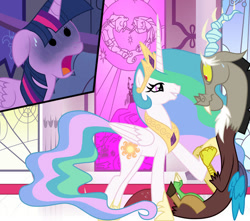 Size: 950x841 | Tagged: safe, artist:utts, imported from derpibooru, discord, princess celestia, twilight sparkle, alicorn, canterlot castle, crown, dislestia, dominant female, female, horn, jewelry, looking at each other, looking at someone, male, nervous, open mouth, regalia, shipping, shocked, shocked expression, show accurate, stained glass, stained glass window, straight, sweat, sweatdrop, twilight sparkle (alicorn), unexpected