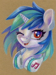 Size: 896x1200 | Tagged: safe, artist:maytee, imported from derpibooru, part of a set, dj pon-3, vinyl scratch, pony, unicorn, bust, colored pencil drawing, headphones, missing accessory, one eye closed, portrait, smiling, solo, traditional art, wink