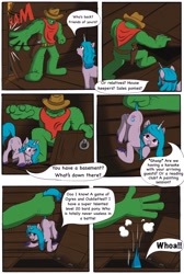 Size: 2604x3876 | Tagged: safe, artist:cactuscowboydan, imported from derpibooru, izzy moonbow, oc, unnamed oc, pony, unicorn, comic:the good the bad and the pony, cactus, comic, cowboy hat, dialogue, dropping, duo, g5, hat, high res, hooves, story included, tail, tail pull, trapdoor