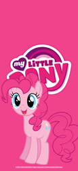 Size: 1125x2436 | Tagged: safe, artist:g195, imported from derpibooru, pinkie pie, earth pony, pony, my little pony logo, pink background, simple background, solo, wallpaper