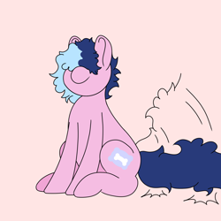 Size: 2048x2048 | Tagged: safe, artist:zugatti69, imported from derpibooru, oc, oc only, earth pony, pony, blue mane, gift art, happy, obscured face, pink background, simple background, solo, tail, tail wag