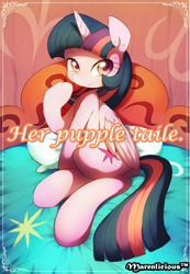 Size: 1002x1450 | Tagged: safe, alternate version, artist:maren, imported from derpibooru, twilight sparkle, alicorn, pony, 2014, cover, doujin, engrish, female, frown, looking at you, looking back, looking back at you, lying down, mare, old art, on side, pointing at self, sitting, solo, twilight sparkle (alicorn)
